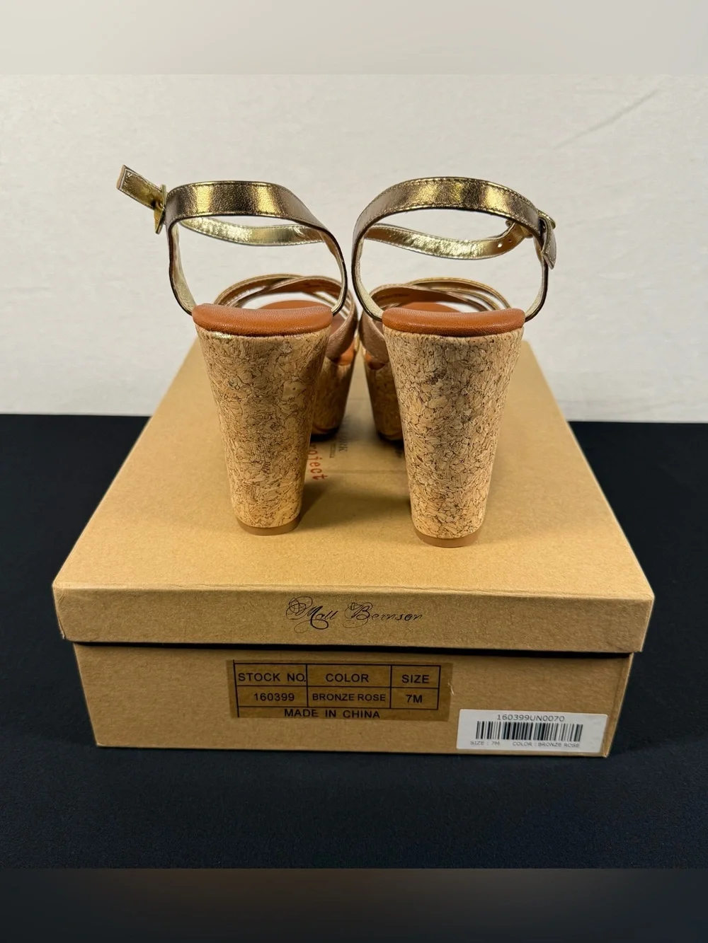 Matt Bernson Chunky Heel Bronze Rose Leather Cork Platform Sandals NIB Size 7